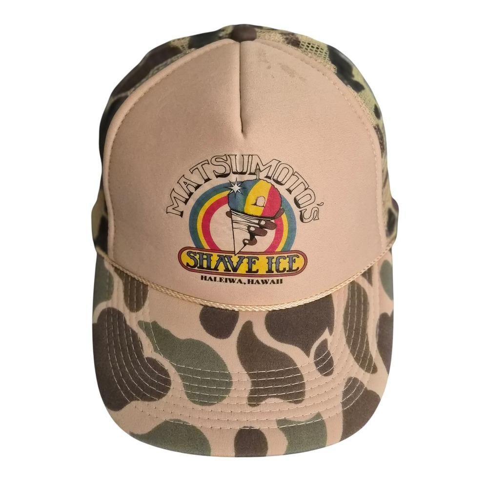 Matsumotos Shave Ice Hawaii Camo Trucker Hat Mesh Snapback Cap Tan Brown